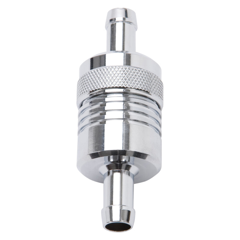 Edelbrock Fuel Filter, Aluminum, 3" X 01/ 1/8", 3/8" Inlet/Outlet, Chrome 8136 Photo - Primary