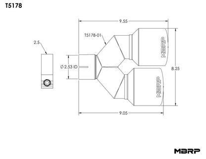 MBRP Universal T304 SS Dual Tip 4in OD/2.5in Inlet T5178 T5178 Line Art