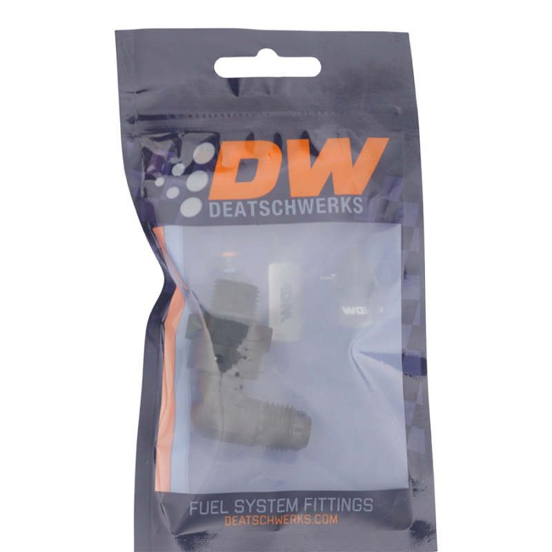 DeatschWerks 6AN ORB Male Swivel to 90-Degree 6AN Male Flare - Anodized Matte Black 6-02-0414-B 6-02-0414-B Photo - lifestyle view