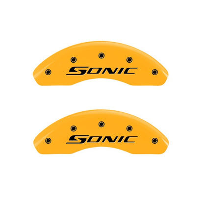 MGP Front set 2 Caliper Covers Engraved Front Sonic Yellow finish black ch 14213FSNCYL 14213FSNCYL Photo - Primary
