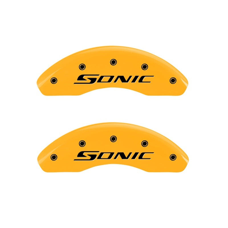 MGP Front set 2 Caliper Covers Engraved Front Sonic Yellow finish black ch 14213FSNCYL 14213FSNCYL Photo - Primary