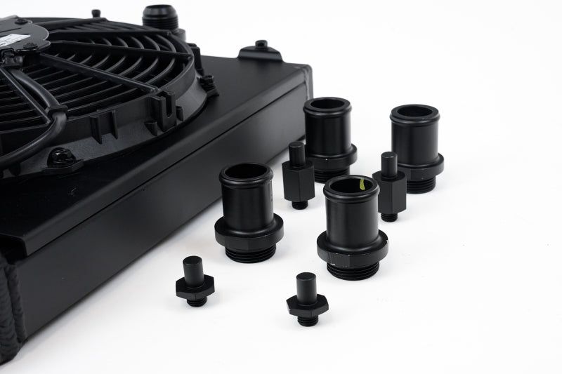 CSF Universal Half Radiator w/-16AN & Slip-On Fittings/12in SPAL Fan & Shroud - Black Finish 2858XB 2858XB Photo - Close Up