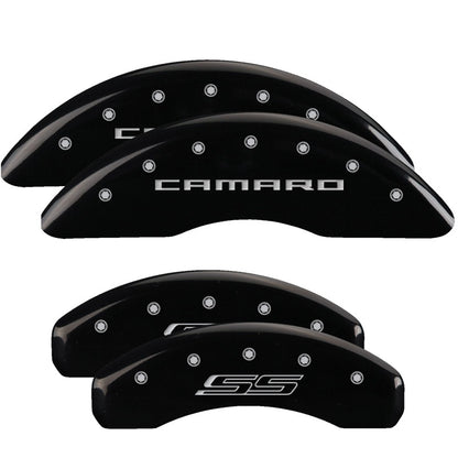MGP 4 Caliper Covers Engraved Front Gen 5/Camaro Engraved Rear Gen 5/SS Black finish silver ch 14241SCS5BK 14241SCS5BK Photo - Primary
