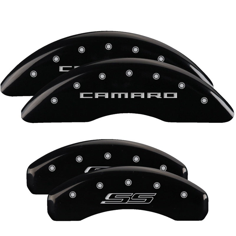 MGP 4 Caliper Covers Engraved Front Gen 5/Camaro Engraved Rear Gen 5/SS Black finish silver ch 14241SCS5BK 14241SCS5BK Photo - Primary