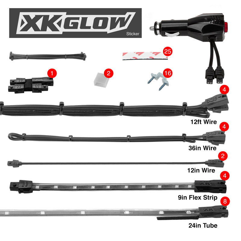 XKGLOW XK Glow Single Color XKGLOW UnderglowLED Accent Light Car/Truck Kit Red - 8x24In Tube + 4x8In Strip XK041005-R