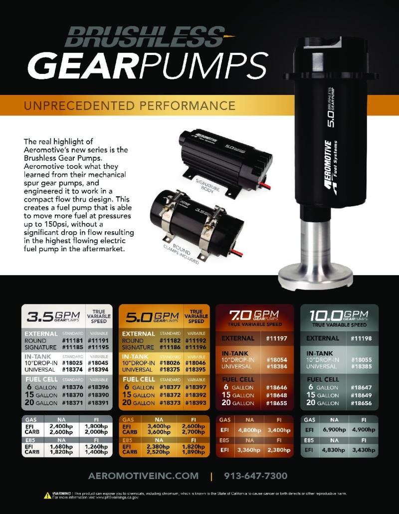 Aeromotive TVS In-Line Brushless Spur 10.0 External Fuel Pump 11198 11198 Brochure - A general brochure describing a brand, company, product line.  If brochure in question is for a specific product, use code PDB.