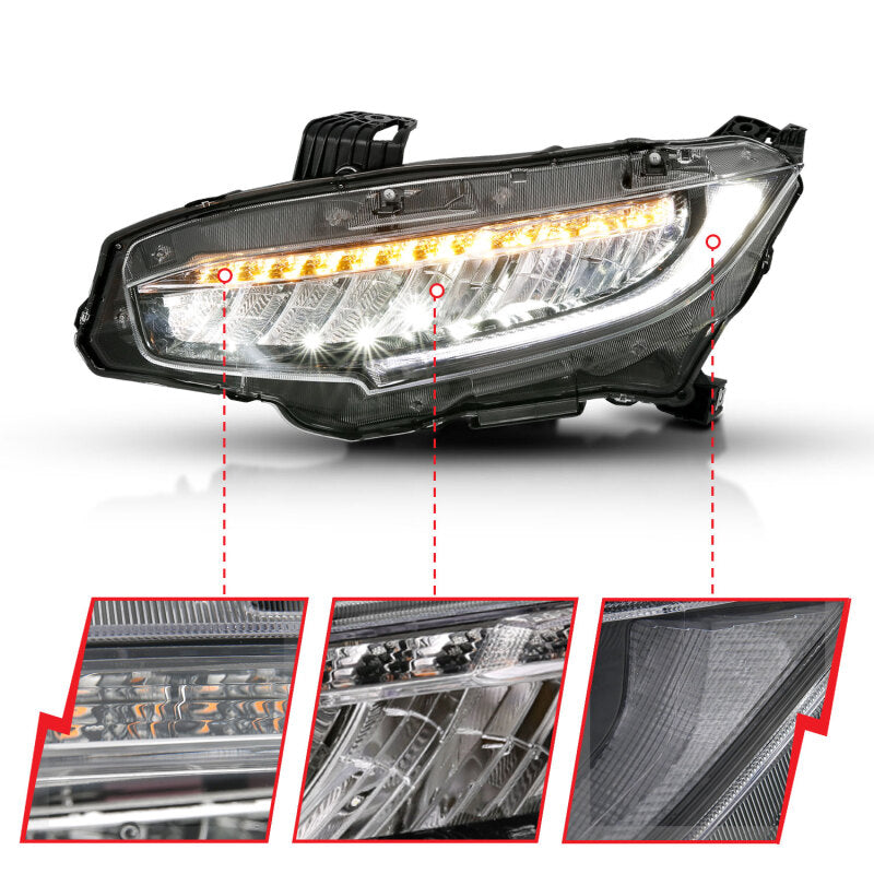 ANZO 16-17 Honda Civic Projector Headlights Plank Style Black w/Amber/Sequential Turn Signal 121527 121527 Photo - Close Up
