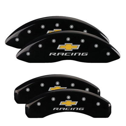 MGP 4 Caliper Covers Engraved Front & Rear Chevy racing Black finish silver ch 14033SBRCBK 14033SBRCBK Photo - Primary