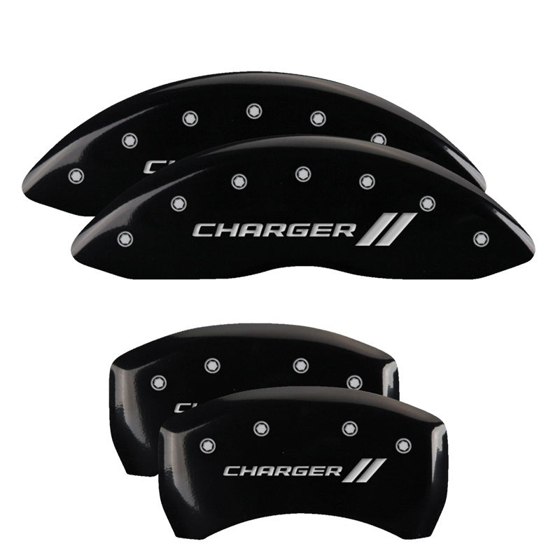 MGP 4 Caliper Covers Engraved Front & Rear With stripes/Charger Black finish silver ch 12162SCH1BK 12162SCH1BK Photo - Primary