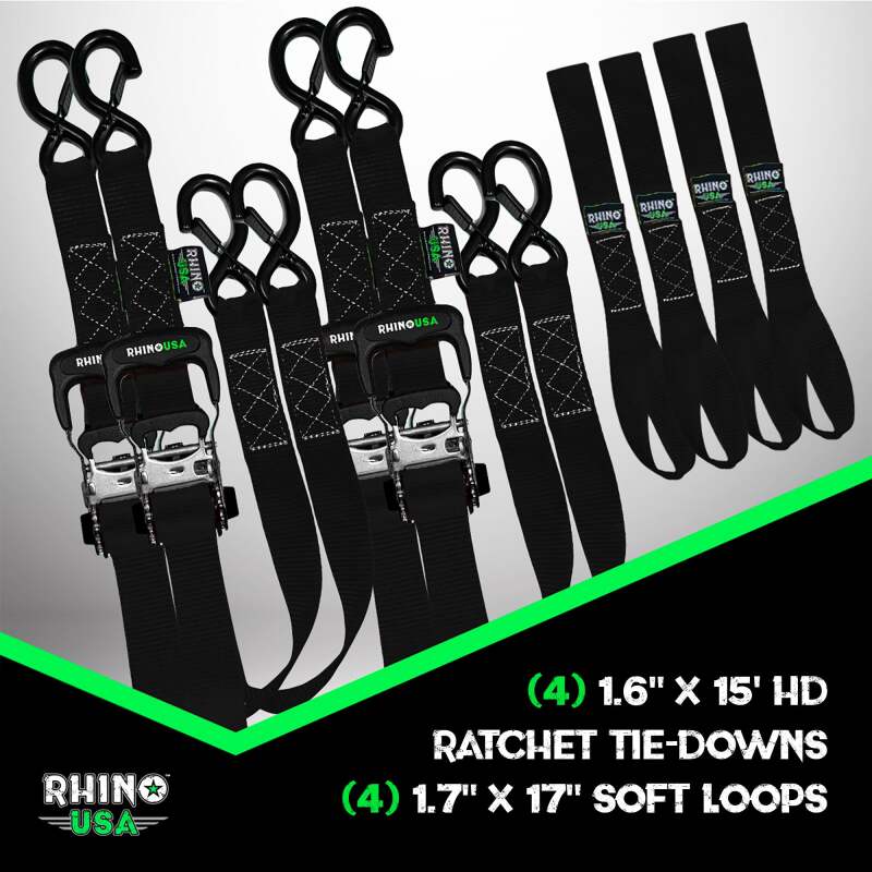 Rhino USA Heavy Duty Ratchet Tie-Down 4-Pack Black 1.6In X 15Ft TD-GC1.6X15-BLK TD-GC1.6X15-BLK User 1