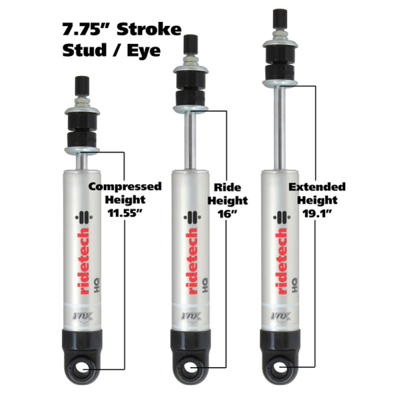 Ridetech HQ Series Shock Absorber Single Adjustable 7.55in Stroke Eye/Stud Mounting 11.55in x 19.1in 22189845 22189845 Photo - Primary