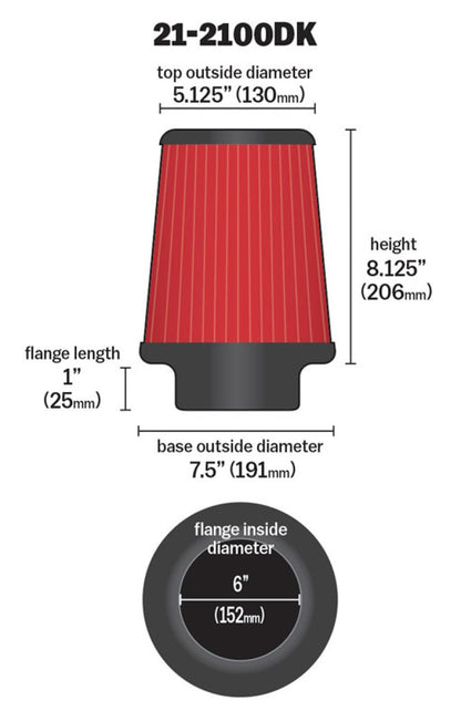 AEM Induction AEM 6 inch DRY Flow Short Neck 9 inch Element Filter Replacement 21-2100DK 21-2100DK Technical Drawing