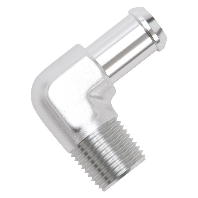 Edelbrock Hose End, 90-deg., 1/2" NPT to 5/8" Barb, Clear Anodize 8179 Photo - Unmounted
