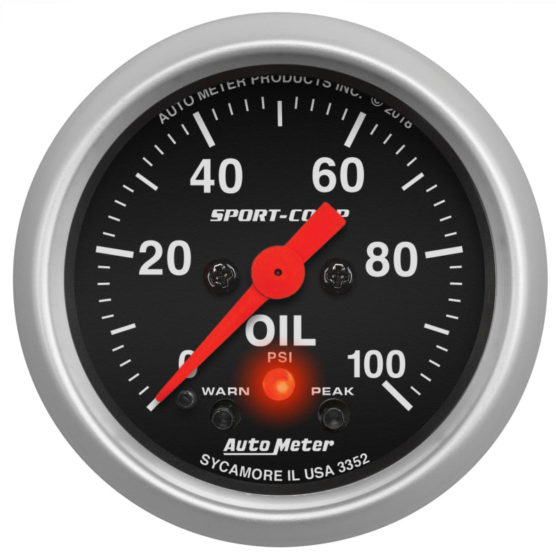 AutoMeter 2-1/16in Oil Pressure w/Peak & Warn 0-100 PSI Stepper Motor Sport-Comp 3352