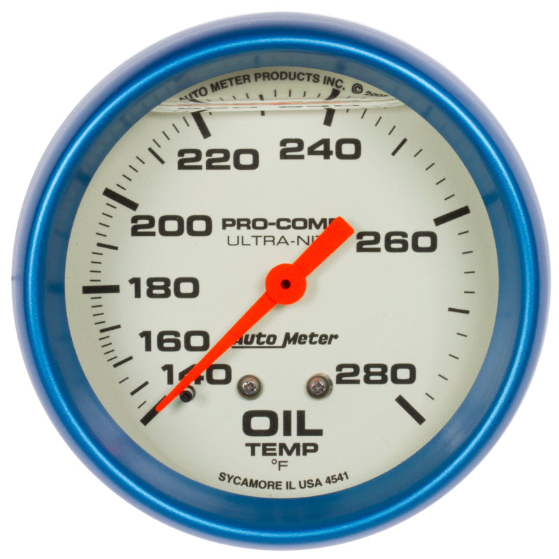 AutoMeter Gauge Oil Temp 2-5/8in. 140-280 Deg. F Liquid Filled Mech Glow In Dark Ultra-Nite 4241 4241 Photo - Primary