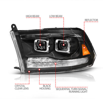 ANZO 09-19 Dodge RAM 1500 / 10-18 2500/3500 LED Proj Headlights SeqSig Black - Pair 111626A 111626A User 1