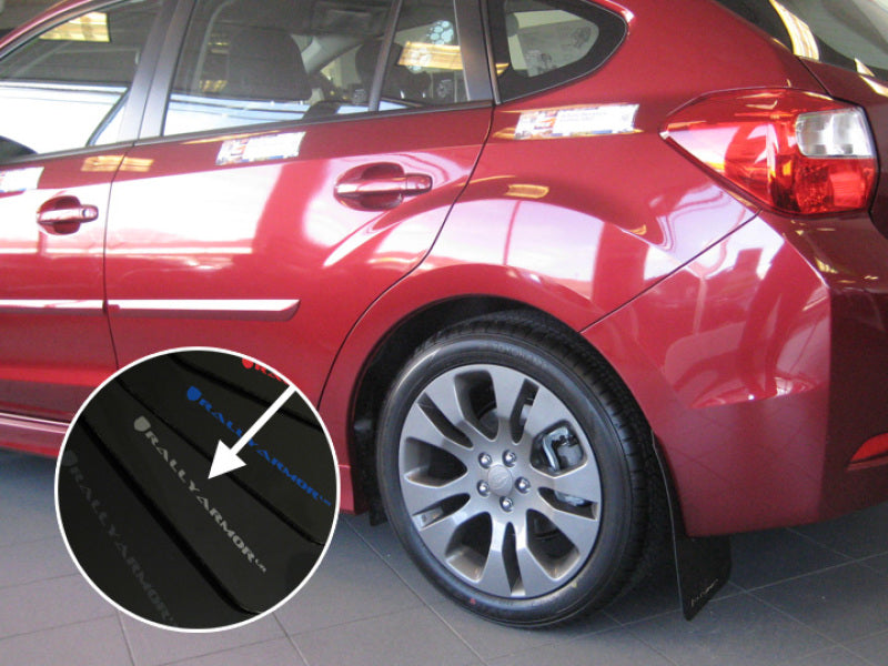 Rally Armor 12+ Subaru Impreza 5dr Hatch/4dr Sedan UR Black Mud Flap w/ Silver Log MF22-UR-BLK/SIL User 1