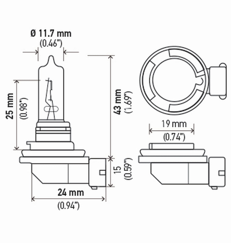 Hella Bulb H9 12V 65W Pgj195 T4 Sb H9SB H9SB Technical Drawing