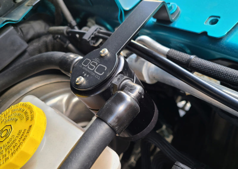 J&L 20-22 Jeep Wrangler 2.0L (Excl Hybrid Models) Driver Side Oil Separator 3.0 - Black Anodized 3070D-B 3070D-B Photo - Mounted