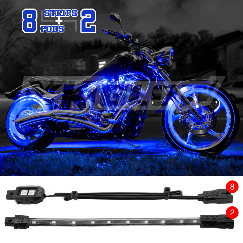 XKGLOW XK Glow Single Color XKGLOW LED Accent Light Motorcycle Kit Blue - 8xPod + 2x8InStrips XK034001-B