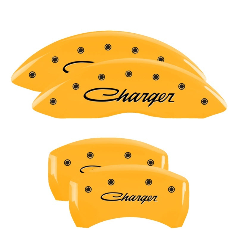 MGP 4 Caliper Covers Engraved Front & Rear 05-10 Dodge Charger R/T Yellow Finish Black Cursive Logo 12001SCHSYL 12001SCHSYL Photo - Primary