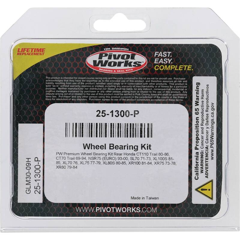 Pivot Works Honda Wheel Bearing Kit Premium Bearings 25-1300-P 25-1300-P Photo - Primary