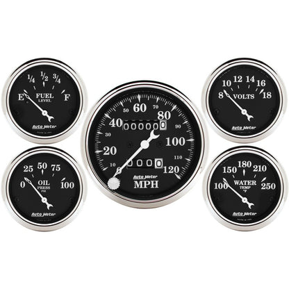 Autometer Gauge Kit, 5 PC., 3 1/8" & 2 1/16", Mech. Speedometer, Old Time Black 1708 Photo - Primary