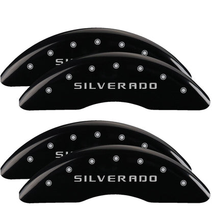 MGP 4 Caliper Covers Engraved Front & Rear Silverado Black finish silver ch 14173SSILBK 14173SSILBK Photo - Primary