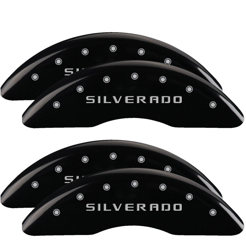 MGP 4 Caliper Covers Engraved Front & Rear Silverado Black finish silver ch 14173SSILBK 14173SSILBK Photo - Primary