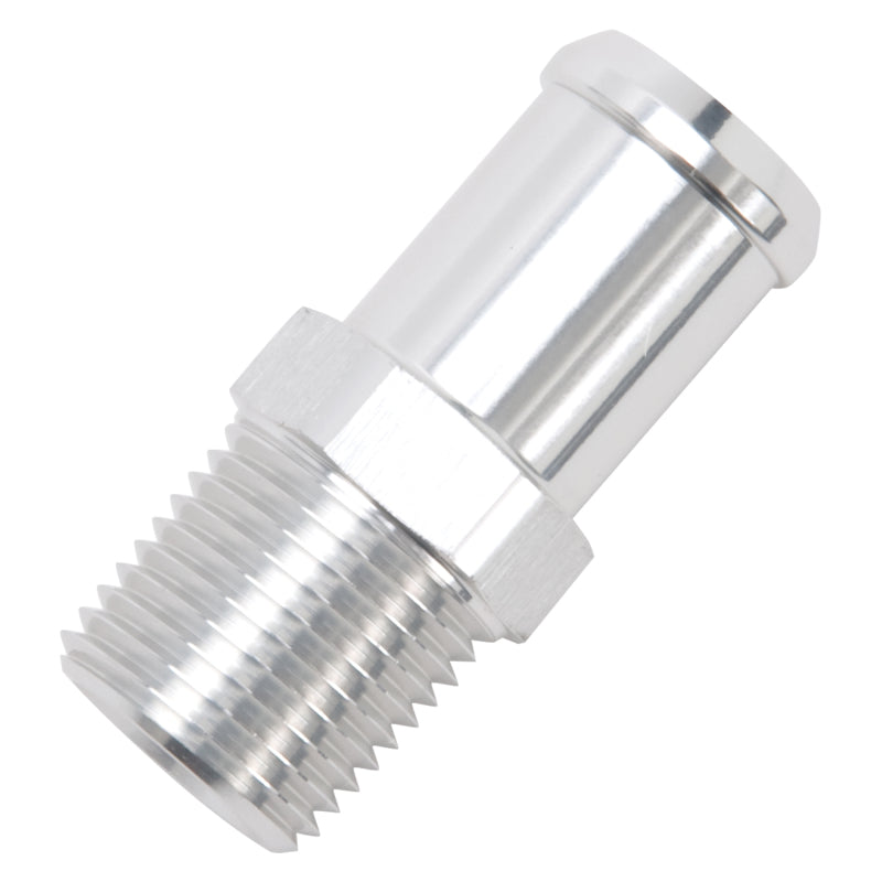 Edelbrock Hose End, Fitting -Straight, 1/2" NPT to 3/4" Barb, Clear Anodize 8184 Photo - out of package