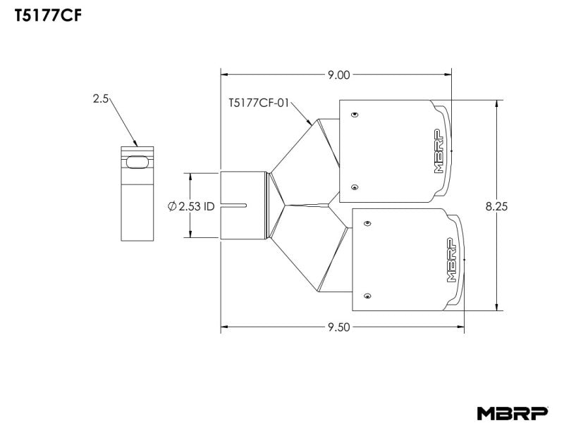 MBRP Universal Carbon Fiber Dual Tip 4in OD/2.5in Inlet T5177CF T5177CF Line Art