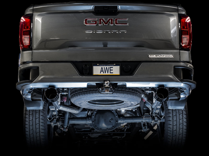 AWE Tuning 4th Gen GM 1500 5.3L 0FG Catback Split Rear Exit (Flat Bumper) - Quad Diamond Tips 3015-33206 3015-33206 Photo - Mounted
