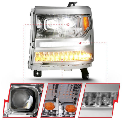 ANZO 16-18 Chevrolet Silverado 1500 LED Projector Headlights w/Plank Style Switchback Chrome w/Amber 111421 111421 Photo - Unmounted