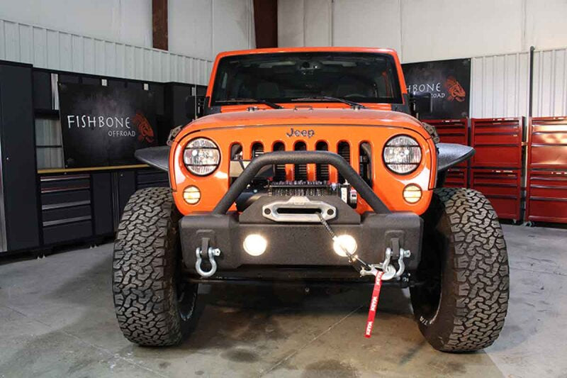 Fishbone Offroad 07-18 Jeep Wrangler JK Stubby Bumper W/Tube Guard - Black Texured Powdercoated FB22001 FB22001 Photo - lifestyle view