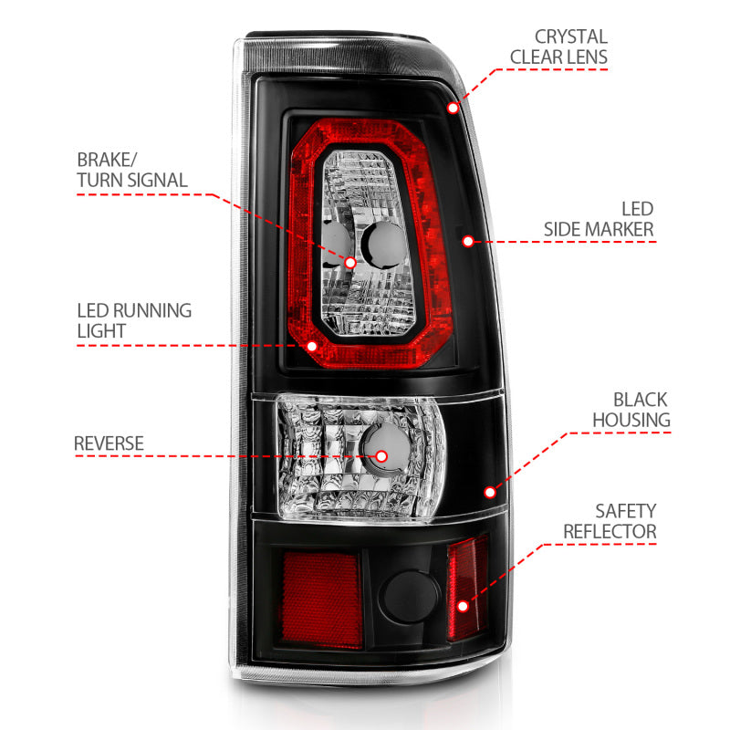 ANZO 1999-2002 Chevy Silverado 1500 LED Taillights Plank Style Black w/Clear Lens 311324 311324 Photo - Unmounted