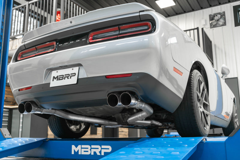MBRP 15-16 Dodge Challenger 5.7L HEMI SS 3in Quad Split Rear Exit w/ Carbon Fiber Tips - T304 S71163CF S71163CF Photo - lifestyle view
