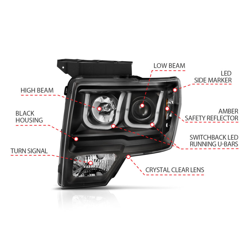 Anzo Ford F-150 09-14 Projector Switchback Headlights U-Bar Black W/ Amber 111383 Photo - out of package
