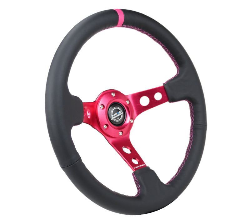 NRG Reinforced Steering Wheel (350mm/3in. Deep) Black Leather/ Fushia Center Mark/ Fushia Stitching RST-006FH RST-006FH Photo - Primary