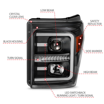 ANZO 2011-2016 Ford F250 Projector Headlights w/ Plank Style Switchback Black w/ Amber 111406 111406 Photo - Unmounted