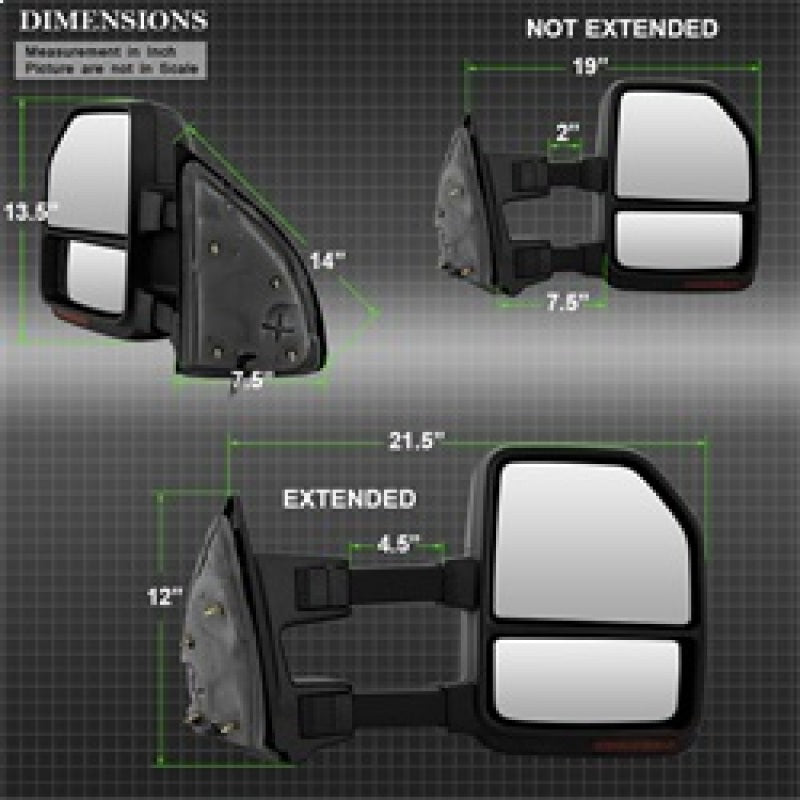 SPYDER xTune 08-15 Ford Super Duty LED Telescoping Manual Mirrors - Smk (Pair) (MIR-FDSD08S-G4-MA-RSM-SET) 9943119 9943119 Technical Drawing