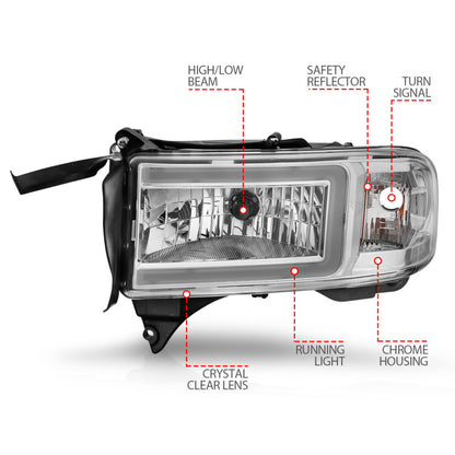 ANZO 94-02 Dodge RAM Crystal Headlight - w/ Light Bar Chrome Housing 111555 111555 Photo - Unmounted