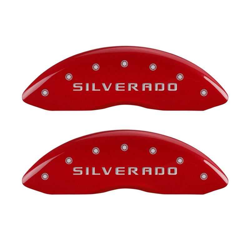 MGP Front set 2 Caliper Covers Engraved Front Silverado Red finish silver ch 14238FSILRD 14238FSILRD Photo - Primary