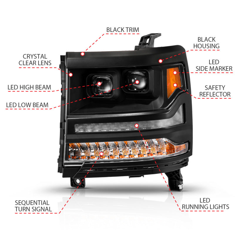ANZO 16-18 Chevy Silverado 1500 (Factory HID Models ONLY) Full LED Proj Headlights Black - Pair 111622A 111622A User 1