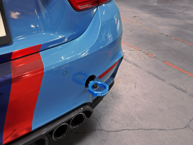 aFe Control Rear Tow Hook Blue BMW F-Chassis 2/3/4/M 450-502002-L 450-502002-L Photo - Mounted