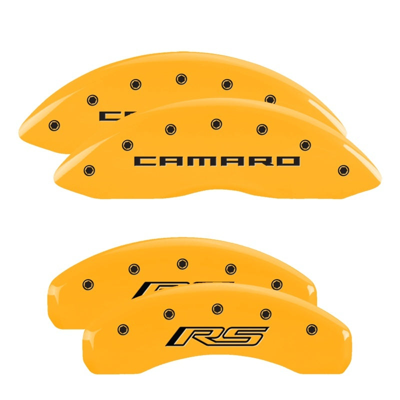 MGP 4 Caliper Covers Engraved Front Gen 5/Camaro Engraved Rear Gen 5/RS Yellow finish black ch 14033SCR5YL 14033SCR5YL Photo - Primary