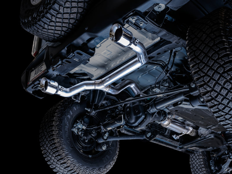 AWE Tuning 2021+ Ford Bronco 0FG Dual Rear Exit Exhaust w/Chrome Silver Tips & Bash Guard 3015-32456 3015-32456 Photo - Mounted