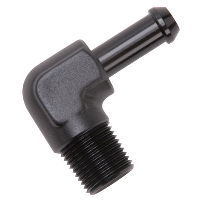 Edelbrock Hose End, 90-Degrees, 3/8" NPT to 3/8" Barb, Black Anodize 8167 Photo - out of package