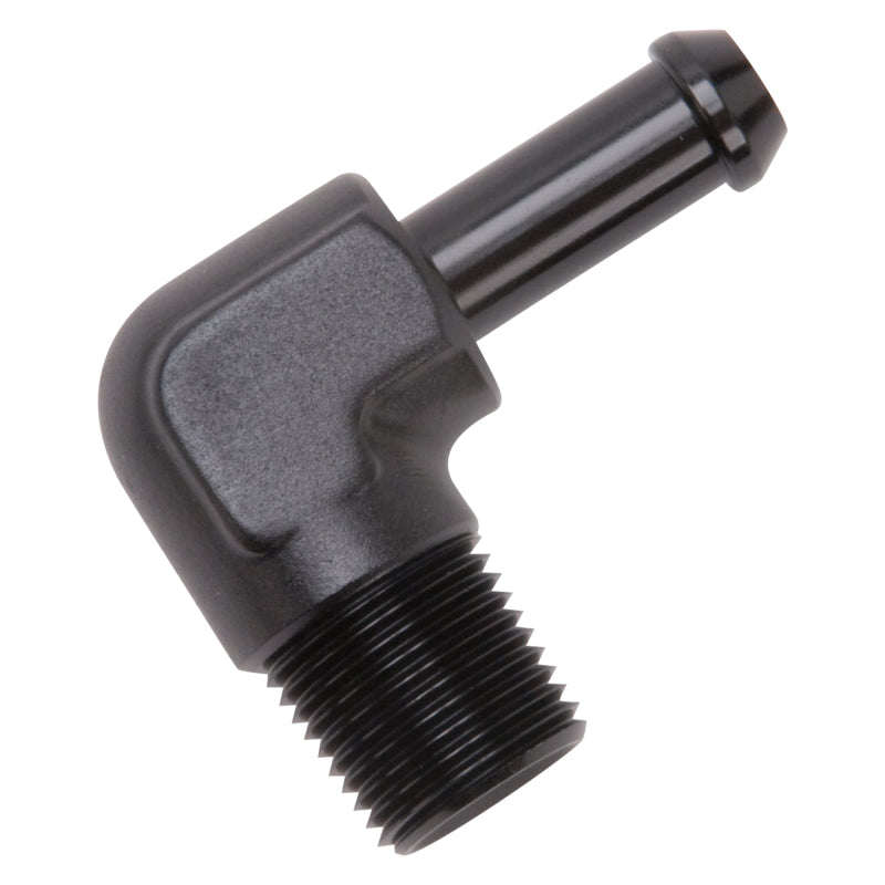 Edelbrock Hose End, 90-Degrees, 3/8" NPT to 3/8" Barb, Black Anodize 8167 Photo - out of package