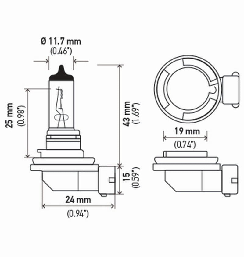 Hella Light Bulb, Bulb H11 12V 55W PGJ19-2 HP2.0 (2) H11 2.0TB Technical Drawing