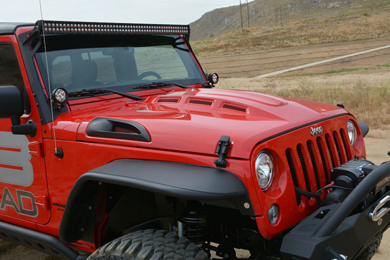 DV8 Offroad 07-18 Jeep Wrangler JK Metal Heat Dispersion Hood - Primer Black HDMB07-02 HDMB07-02 Photo - Mounted
